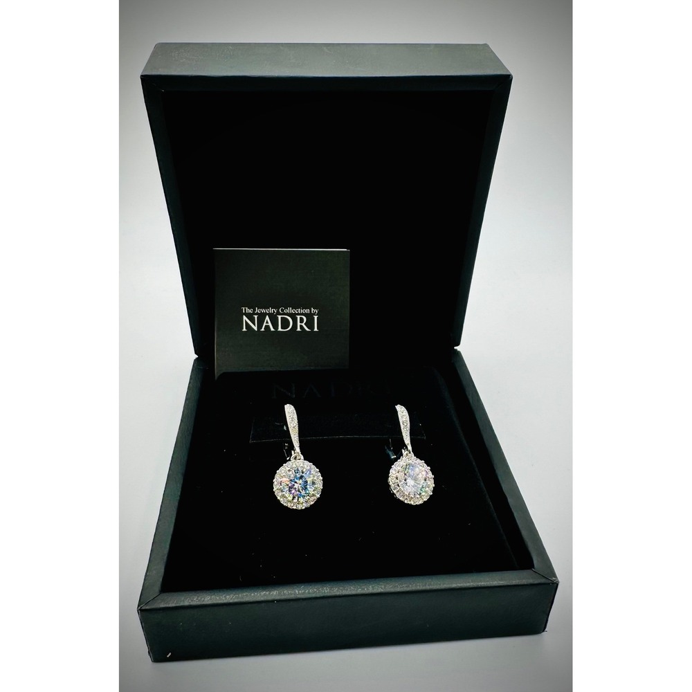 Nadri Round Cubic Zirconia Halo Leverback Drop Earrings Silver Tone with NWB - Picture 2 of 9